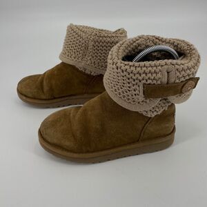 UGG Australia Size 3 Kids Crochet Beige Knit Boots Shearling Lined Junior Button